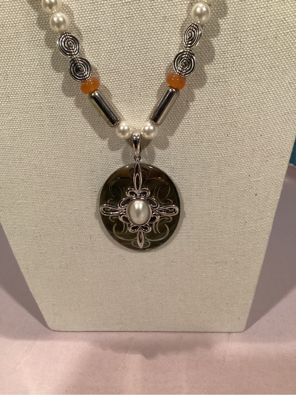 Pearl and Silver and Grey Shell Pendant Necklace with Pearl and Orange Beads
